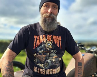 Hot Rod Cartoon T-Shirt – Rat Rod Graphic Tee – Retro Car/Biker Shirt – Lou the Rat Tails of Fury – Rat-Ryder Custom Chaos – S to 4XL