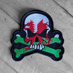 Wales Skull Patch | Embroidered Sew-On Patch | Red Dragon Skull Crossbones | Welsh Skull Biker Patch | Wales DNA Patch