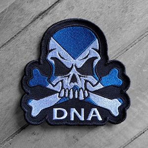 Scotland Skull Patch | Scottish Flag Embroidered Sew-On Badge | DNA Skull and Crossbones Patch | Scottish Saltire Biker Patch