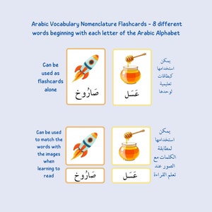 May include: Two sets of flashcards for learning Arabic vocabulary. Each set includes a picture of a rocket and a jar of honey, with the Arabic words "صاروخ" (rocket) and "عسل" (honey) written below. The text above the flashcards explains how they can be used as flashcards alone or to match words with images when learning to read.