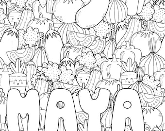 Personalized Gift Kids Name Art Coloring + 24 MARKERS, Veggies Coloring Poster Kids with Name, Large Peel and Stick, Vegetables PER0009