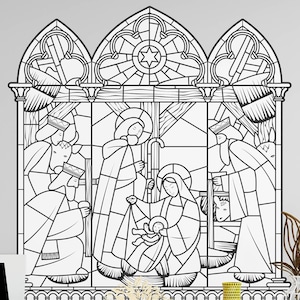 May include: A black and white illustration of the nativity scene in a stained glass window style. The illustration is on a white wall above a black metal shelf with various decorative items.