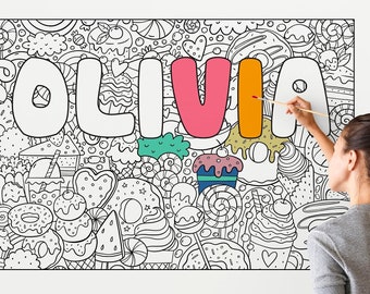 Personalized Gift Kids Name Art Coloring + 24 MARKERS, Sweets Coloring Poster Kids with Name, Large Peel and Stick, Donuts, Candy PER0001