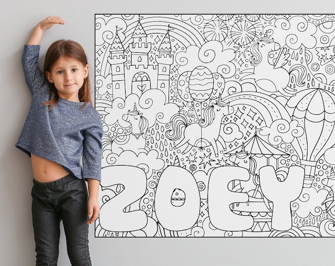 Personalized UNICORN Coloring Poster + 24 Markers, Fairy Tale Castle Rainbow Coloring Book for Kids, Custom Name Wall Art PER0004