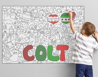 Personalized Gift Kids Name Art Coloring + 24 MARKERS, Christmas Coloring Poster Kids with Name, Large  Peel and Stick, Santa Claus PER0007