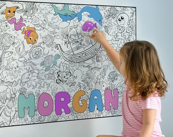 Personalized Gift Kids Name Art Coloring + 24 MARKERS, Under the Sea Coloring Poster Kids with Name, Large Peel and Stick, Mermaid PER0003