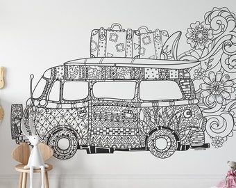 SURFING VAN Coloring Peel & Stick Black and White Self Adhesive Fabric Graphic for Coloring ADV0001