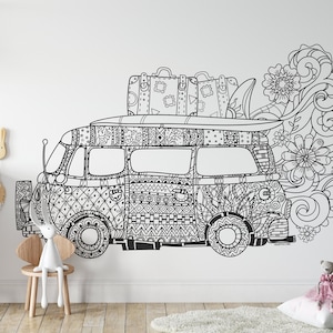 SURFING VAN Coloring Peel & Stick Schwarz Weiß Selbstklebend Stoff Grafik zum Ausmalen ADV0001