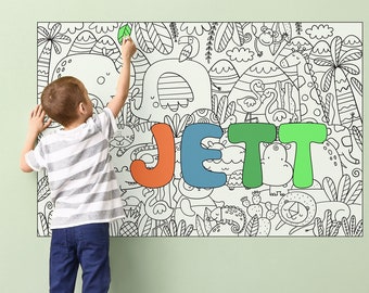 Personalized Gift Kids Name Art Coloring + 24 MARKERS, Jungle Animals Coloring Poster Kids with Name, Large Peel and Stick, Giraffe PER0005