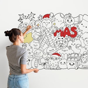 MONSTERS Christmas Coloring Peel & Stick XMAS Black and White Self Adhesive Fabric Graphic for Coloring MON0004