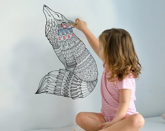 FOX Coloring Peel & Stick Poster | Black and White Mural Self Adhesive Fabric Zen tangles Graphic for Coloring ANI0034