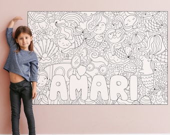 Personalized Gift Kids Name Art Coloring + 24 MARKERS, Mermaids Unicorns Coloring Poster Kids with Name, Large Peel and Stick, Ocean PER0006