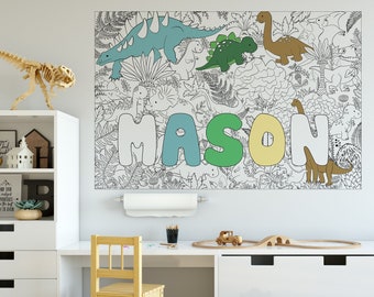 Personalized Gift Kids Name Art Coloring + 24 MARKERS, Dinosaurs Coloring Poster Kids with Name, Large  Peel and Stick, Velociraptor PER0002