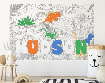 Personalized Gift Kids Name Art Coloring + 24 MARKERS, Dinosaurs Coloring Poster Kids with Name, Large  Peel and Stick, Velociraptor PER0002