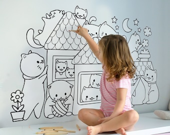 CATS House Coloring Peel & Stick Poster | Black and White Mural Self Adhesive Fabric Zentangle Graphic for Coloring ANI0065