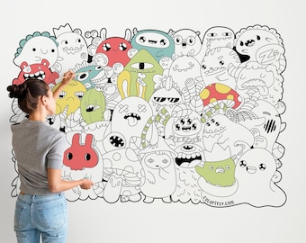 MONSTERS HALLOWEEN STICKER for Coloring, A Sticker You Can Color! Peel & Stick Black and White Graphic for Coloring Halloween Decor MON0006