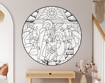 NATIVITY SCENE Stained Glass Coloring Peel & Stick Christmas Black and White Self Adhesive Fabric Graphic for Coloring REL0006