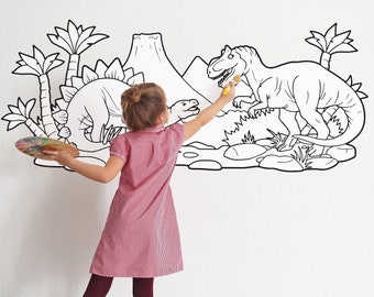 DINOSAURS Coloring Peel & Stick Poster | Black and White Self Adhesive Fabric Mural Graphic for Coloring ANI0019