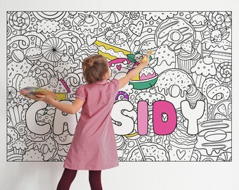 Personalized Gift Kids Name Art Coloring + 24 MARKERS, Sweets Coloring Poster Kids with Name, Large Peel and Stick, Donuts, Candy PER0001