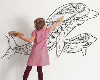 2 DOLPHINS Coloring Peel & Stick Poster | Black and White Self Adhesive Fabric Mural Graphic for Coloring ANI0036