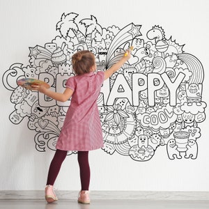 BE HAPPY Coloring Peel & Stick Schwarz Weiß Selbstklebend Stoff Graphik zum Ausmalen GRA0001