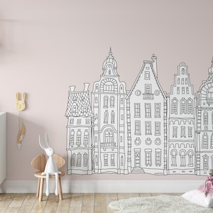 5 VILLAGE HOUSES Coloring Peel & Stick Black and White Self Adhesive Fabric Graphic for Coloring SCE0036