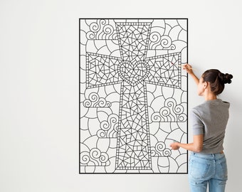 Cross Stained Glass Crucifix Coloring Peel & Stick Easter Decor, Coloring Activity Graphic Christian Jesus Christ REL00018