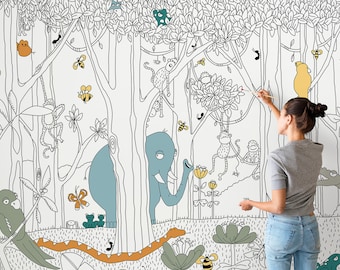 Color it Mural Forest Jungle Wallpaper MORGAN Coloring Peel & Stick Black and White Self Adhesive Fabric  for Coloring Gift for Kids 0241