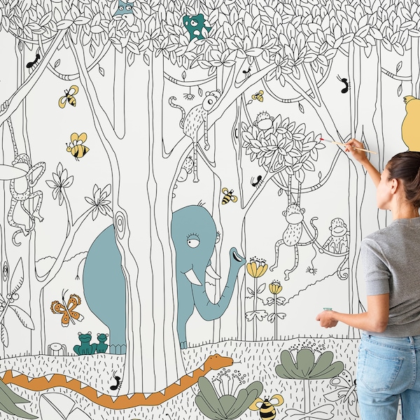 Color it Mural Forest Jungle Wallpaper MORGAN Coloring Peel & Stick Black and White Self Adhesive Fabric  for Coloring Gift for Kids 0241