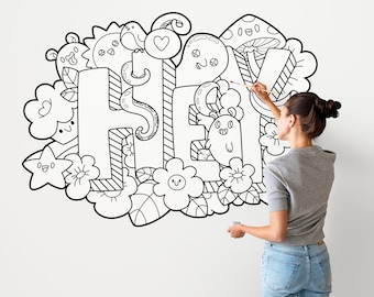 HEY Graffiti Coloring Peel & Stick Black and White Self Adhesive Fabric Graphic for Coloring GRA0004