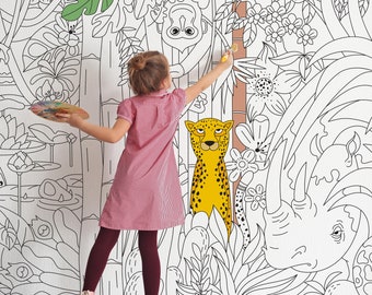 Color it Mural Jungle Animals Wallpaper Mural Coloring Peel & Stick for Coloring Gift for Kids SCE0040