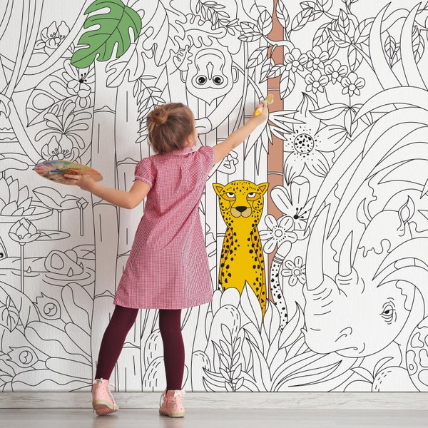 Color it Mural Jungle Animals Wallpaper Mural Coloring Peel & Stick for Coloring Gift for Kids SCE0040