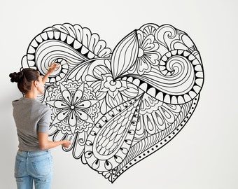 Flowers HEART Shape Coloring Peel & Stick POSTER | Black and White Self Adhesive Fabric Mural, Floral Graphic Adult Coloring FLO0001