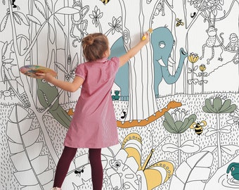Color it Mural Forest Jungle Wallpaper MORGAN Coloring Peel & Stick Black and White Self Adhesive Fabric  for Coloring Gift for Kids 0241