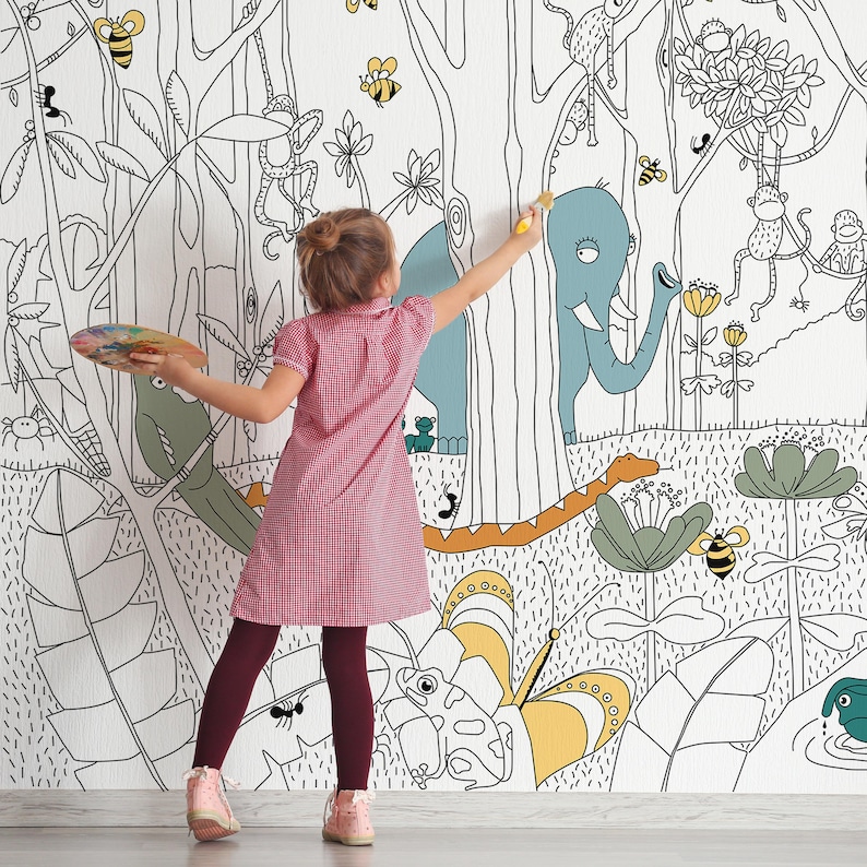 Color It Mural Forest Jungle Wallpaper MORGAN Coloring Peel & Stick Black and White Self ...