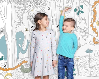 Color it Mural Forest Jungle Wallpaper MORGAN Coloring Peel & Stick Black and White Self Adhesive Fabric  for Coloring Gift for Kids 0241