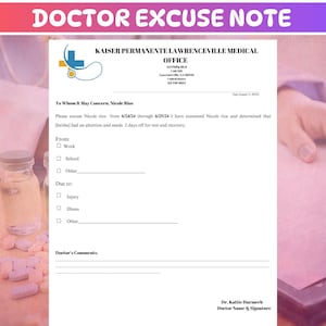 Carta de excusa del médico - Nota del médico para el trabajo y la escuela - Plantilla de nota del médico - Nota del médico atención de urgencia
