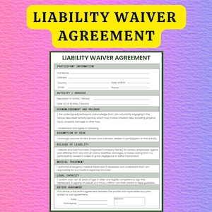 Liability Waiver Agreement, One Page Release of Liability Template, Printable & Editable Waiver of Liability Contract, Client Intake