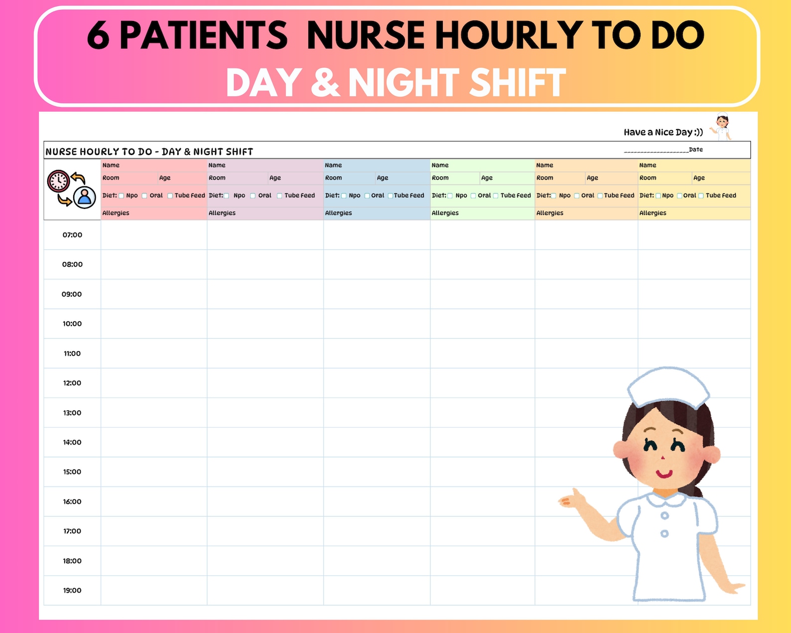 6 Patient Nursing | Nurse to Do List | Nurse Hourly to Do | 6 Patient ...
