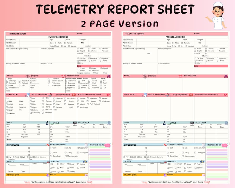 Telemetry Nursing Report Sheet, Printable Nurse Shift Organizer ...