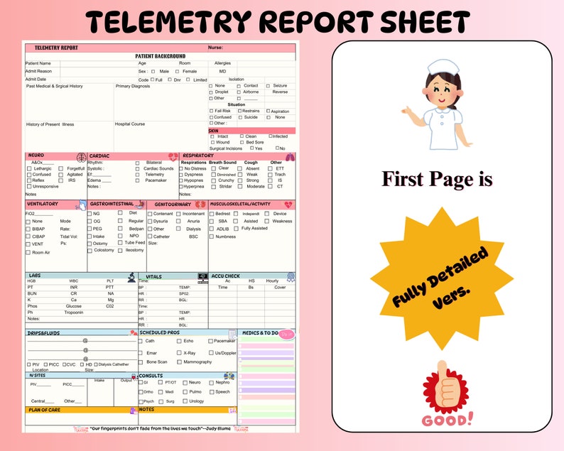 Telemetry Nursing Report Sheet, Printable Nurse Shift Organizer ...