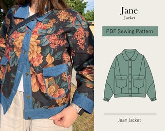 May include: A floral print jacket with denim accents. The jacket features a black background with a colorful floral pattern, denim collar, pockets, and cuffs. The text "Jane Jacket" and "PDF Sewing Pattern" are visible.
