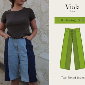 May include: A PDF sewing pattern for two-toned jeans called "Viola Pants". The pattern shows a pair of green and blue jeans with a straight leg.