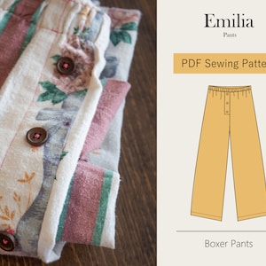 May include: A PDF sewing pattern for boxer pants called "Emilia Pants". The pattern is illustrated with a line drawing of the pants in a light yellow color.