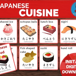 Japans eten Flashcards, afdrukbare keukenkaarten, instant downloadkaarten, Japans taalonderwijs, Montessori-kaarten voor kinderen, Japan Travel