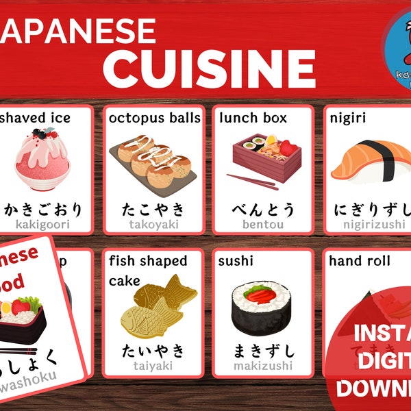 Japanese Food Flashcards, Printable Cuisine Cards, Instant Download Cards, Japanese Language Learning, Kids Montessori Cards, Japan Travel