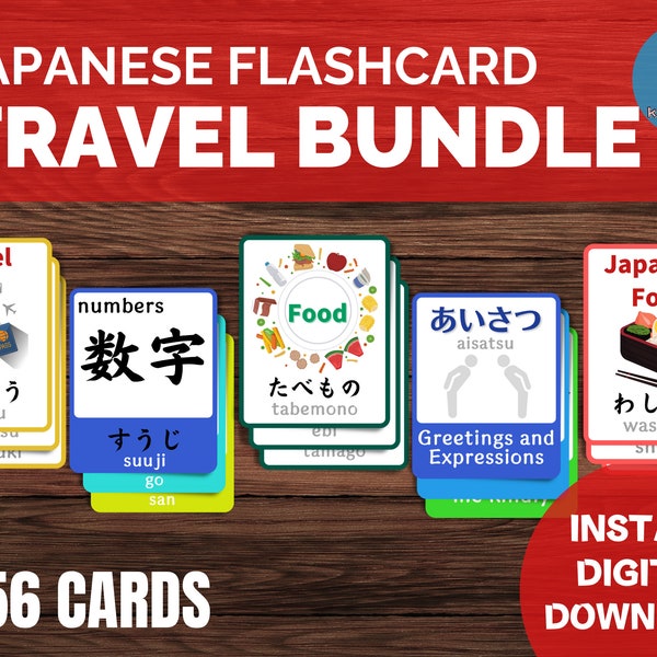 Beginner Japanese Travel Flashcard Set, Learn Japanese Starter Bundle, Japan Vocabulary, Printable Flashcard, Language Learning Kid Activity