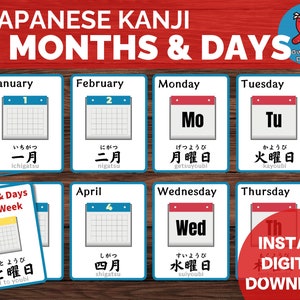 Kanji giapponese Mesi e giorni della settimana Flashcard, Impara il giapponese, Stampabile, Download istantaneo, Apprendimento delle lingue, Carte Montessori, Bambini