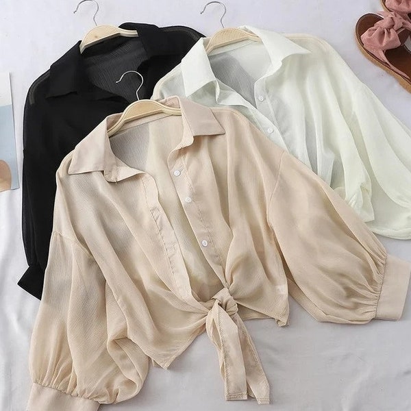 FRONT KNOT BLOUSE, Loose Fitting Blouse, Transparent Button Up Shirt, Romantic Middle Sleeve Casual Blouse, Tied Waist Blouse For Wife