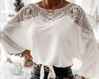 Lace Long Sleeve Blouse Women Shirts Tops White,Black Embroidered Blouse,Front Floral Romantic Blouse,~ Sizes Small to XXL